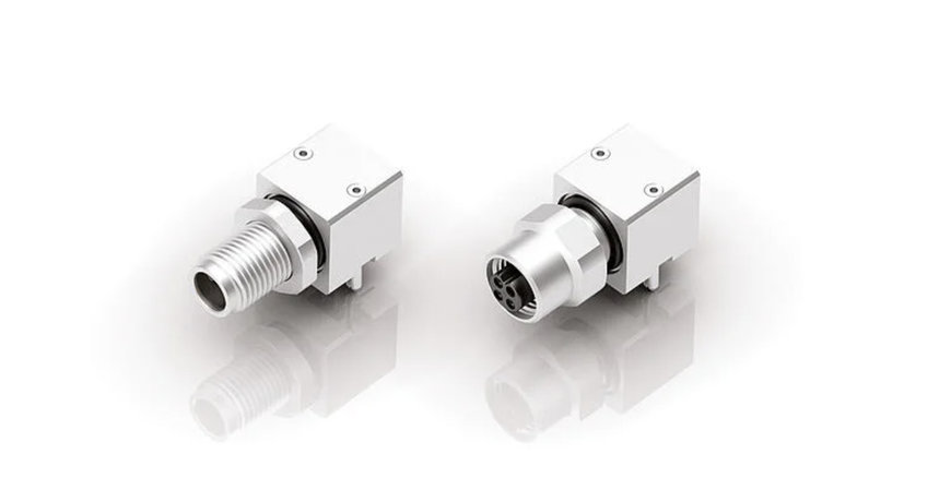 Angled M5 panel mount connectors from binder